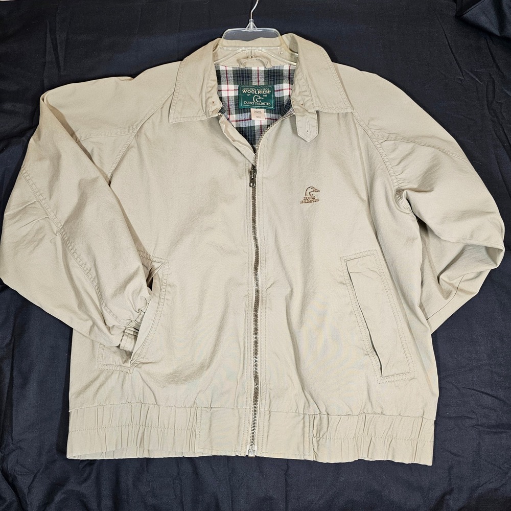 Woolrich Ducks Unlimited Harrington Jacket Mens Large Tan Plaid Lined Vintage